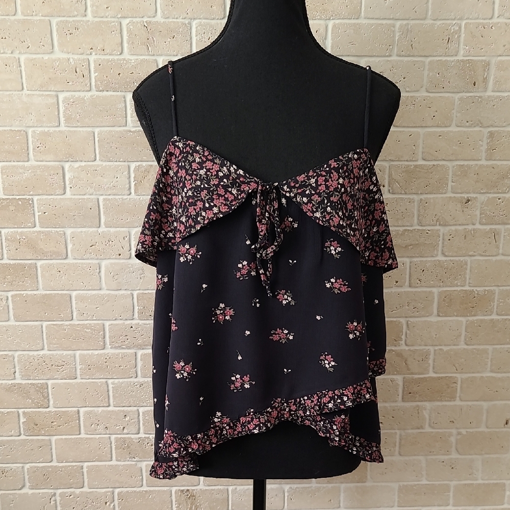 American Eagle Floral Black and Pink Women's Spaghetti Top (Sz M)